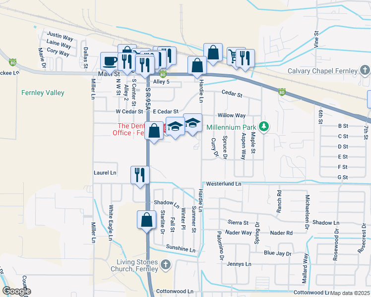 map of restaurants, bars, coffee shops, grocery stores, and more near 320 Us Highway 95a South in Fernley