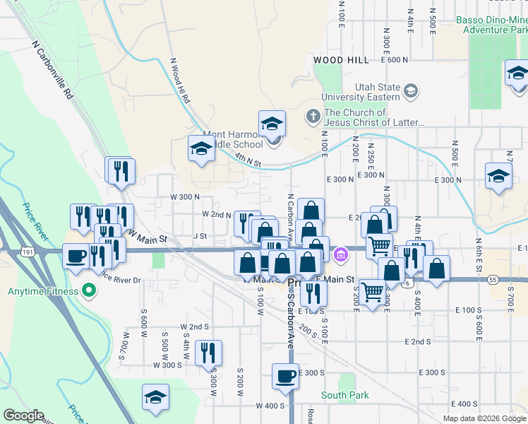 map of restaurants, bars, coffee shops, grocery stores, and more near 236 North 100 East in Price