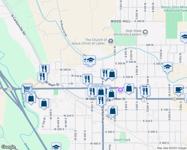 map of restaurants, bars, coffee shops, grocery stores, and more near 82 West 200 North in Price