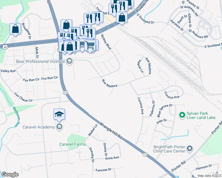 map of restaurants, bars, coffee shops, grocery stores, and more near 6 Pimlico Lane in Bear