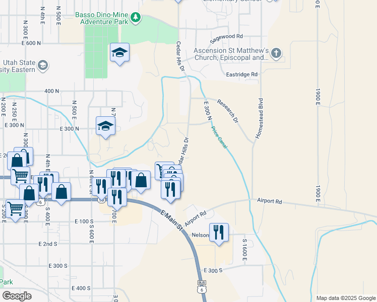 map of restaurants, bars, coffee shops, grocery stores, and more near 254 North Cedar Hills Drive in Price