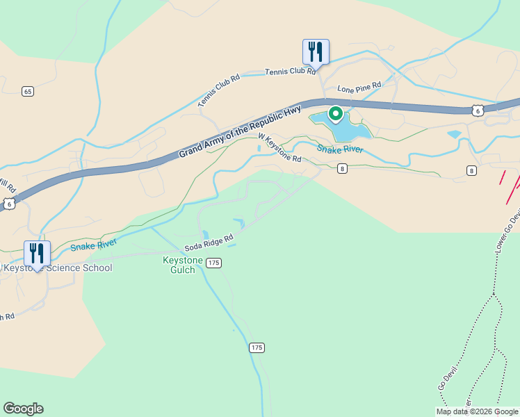 map of restaurants, bars, coffee shops, grocery stores, and more near 2017 Soda Ridge Road in Keystone