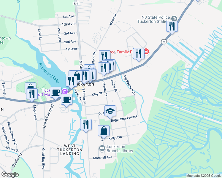 map of restaurants, bars, coffee shops, grocery stores, and more near 133 Cedar Street in Tuckerton