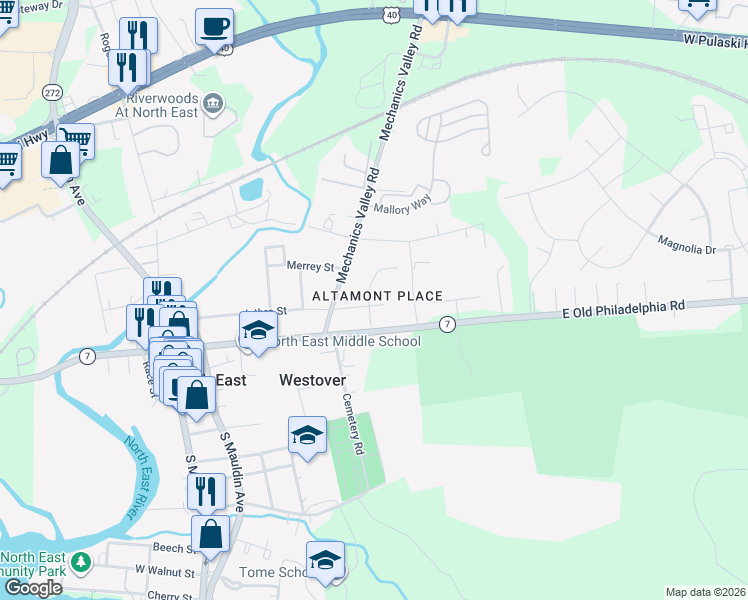 map of restaurants, bars, coffee shops, grocery stores, and more near 51 Roosevelt Avenue in North East
