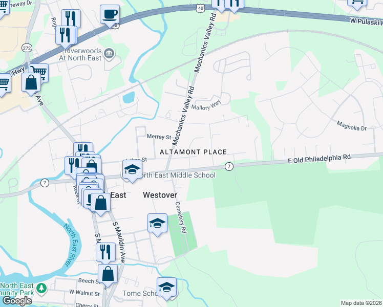 map of restaurants, bars, coffee shops, grocery stores, and more near 28 Lincoln Avenue in North East