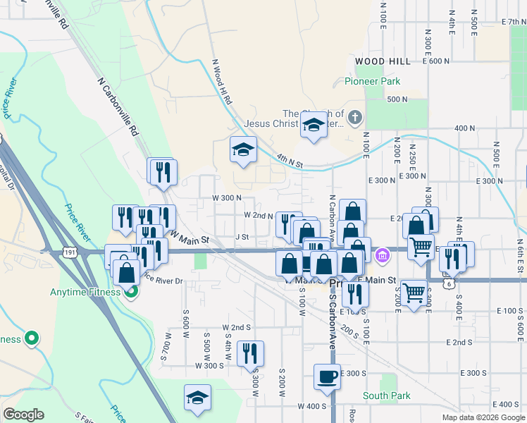 map of restaurants, bars, coffee shops, grocery stores, and more near 190 West 2nd North in Price