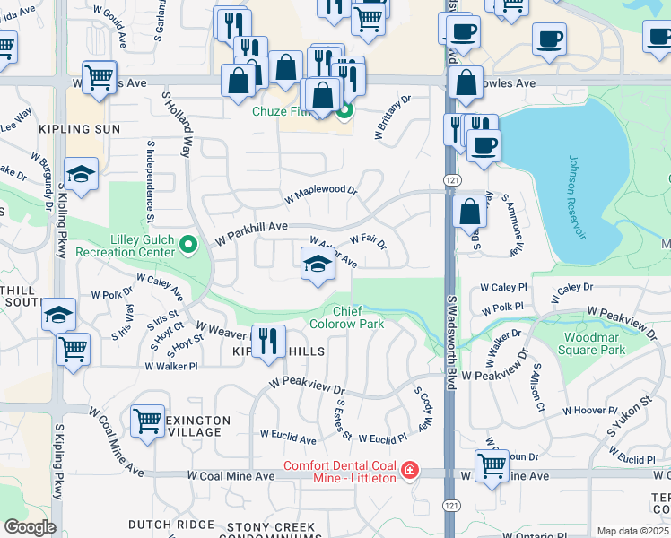 map of restaurants, bars, coffee shops, grocery stores, and more near 6282 South Everett Street in Littleton
