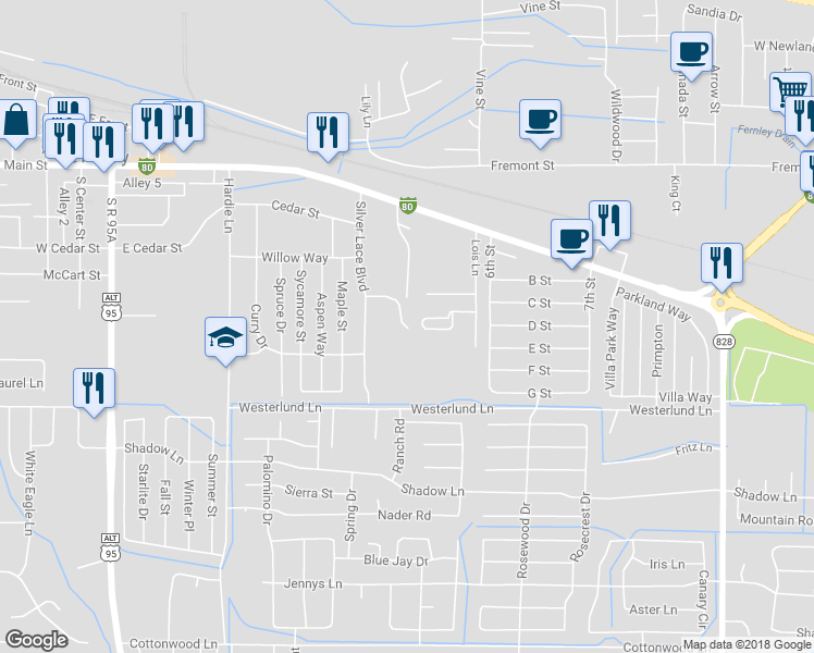 map of restaurants, bars, coffee shops, grocery stores, and more near 605 Village Drive in Fernley