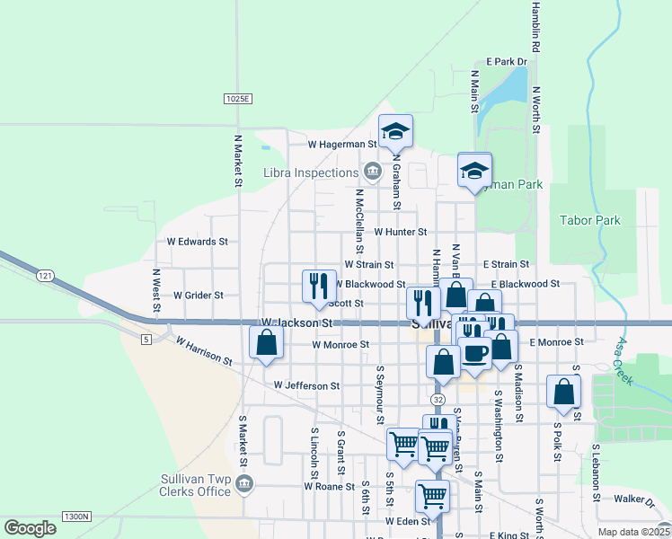 map of restaurants, bars, coffee shops, grocery stores, and more near 615 West Strain Street in Sullivan