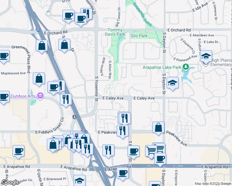 map of restaurants, bars, coffee shops, grocery stores, and more near 9170 East Arbor Circle in Englewood