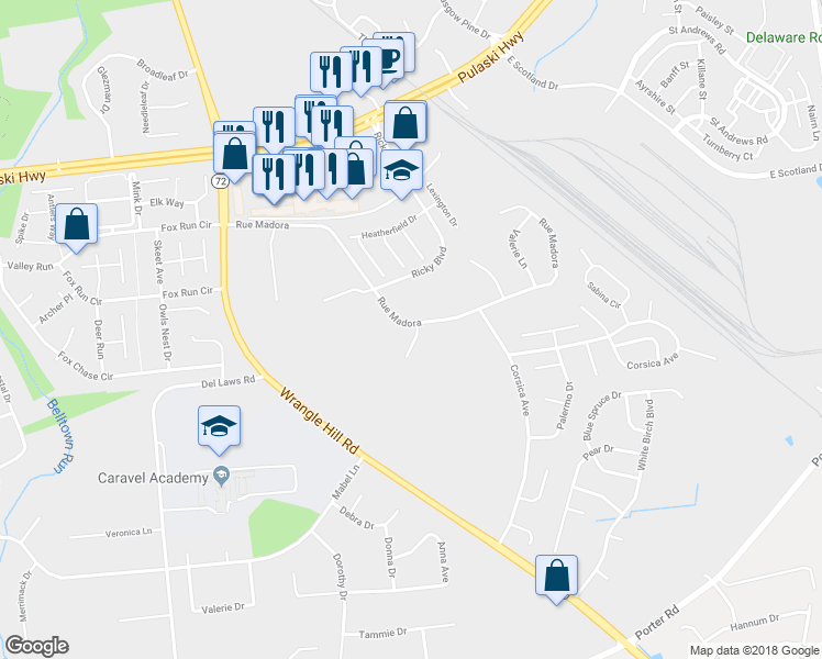 map of restaurants, bars, coffee shops, grocery stores, and more near 4 Pimlico Lane in Bear