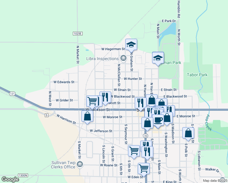 map of restaurants, bars, coffee shops, grocery stores, and more near 615 West Strain Street in Sullivan