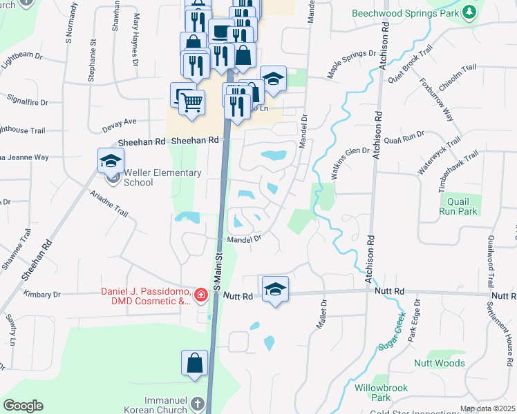 map of restaurants, bars, coffee shops, grocery stores, and more near 261 Queens Crossing in Dayton