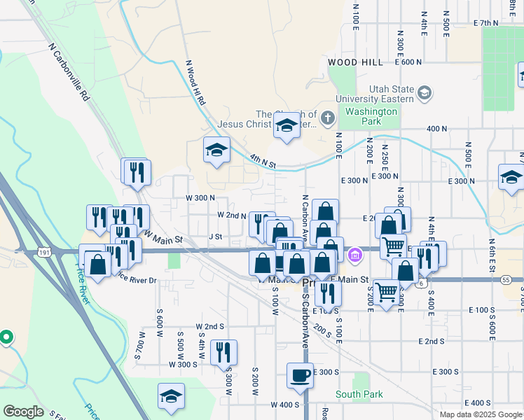map of restaurants, bars, coffee shops, grocery stores, and more near 140 West 2nd North in Price
