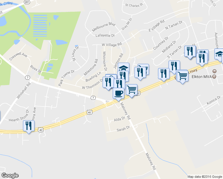 map of restaurants, bars, coffee shops, grocery stores, and more near 801 East Pulaski Highway in Elkton