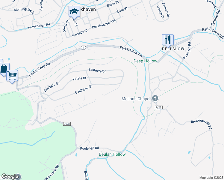 map of restaurants, bars, coffee shops, grocery stores, and more near 406 Eastgate Drive in Morgantown