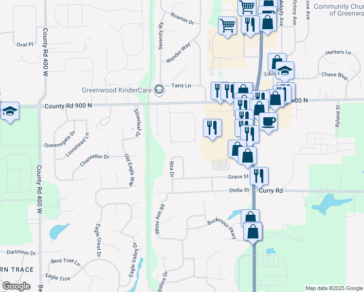 map of restaurants, bars, coffee shops, grocery stores, and more near 3391 Lukes Way in Greenwood