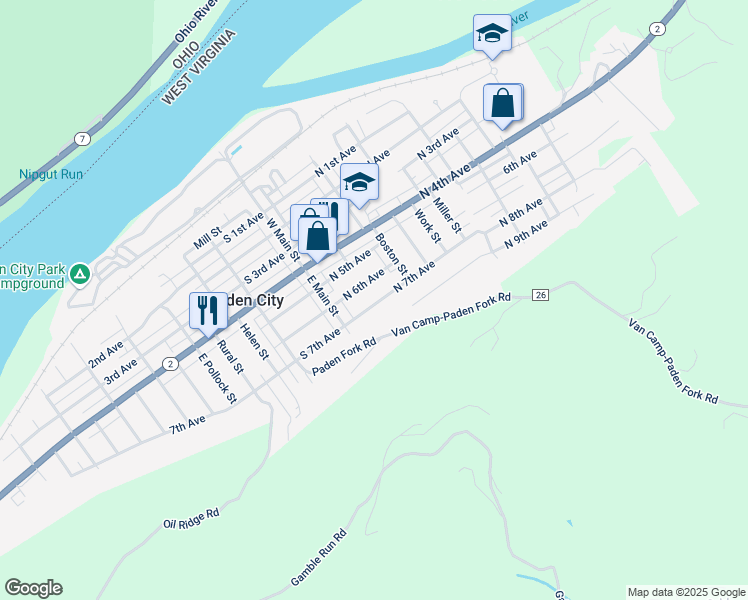 map of restaurants, bars, coffee shops, grocery stores, and more near 129 North 7th Avenue in Paden City