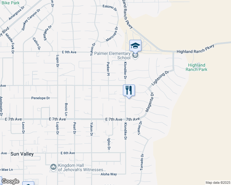 map of restaurants, bars, coffee shops, grocery stores, and more near 5776 Parker Place in Sun Valley