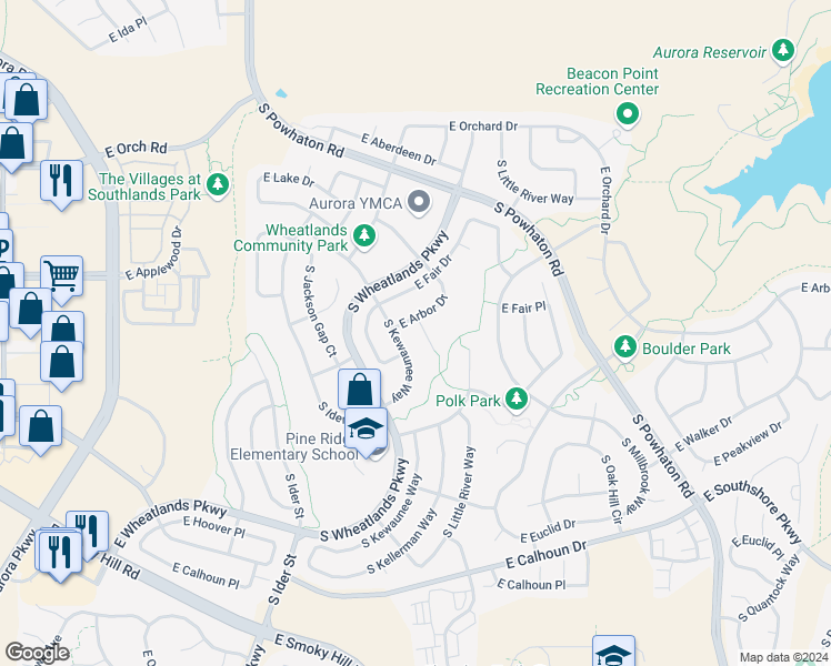 map of restaurants, bars, coffee shops, grocery stores, and more near 6263 South Kellerman Court in Aurora