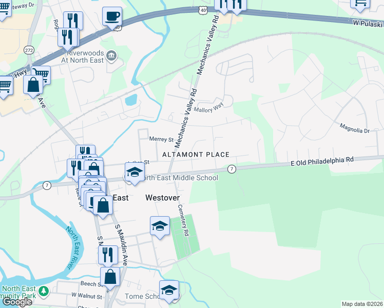 map of restaurants, bars, coffee shops, grocery stores, and more near 51 Roosevelt Avenue in North East