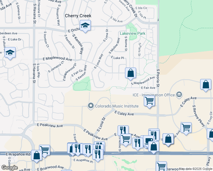 map of restaurants, bars, coffee shops, grocery stores, and more near 6256 South Macon Way in Englewood