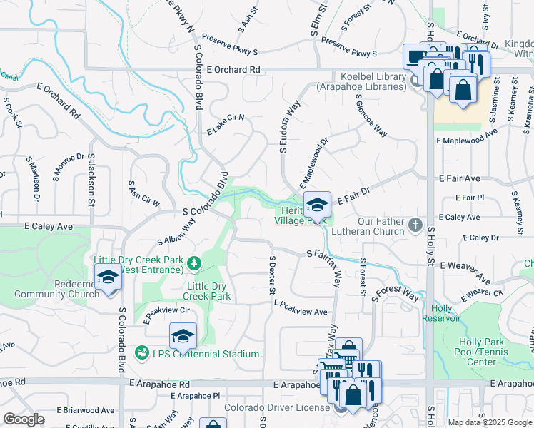 map of restaurants, bars, coffee shops, grocery stores, and more near 4659 East Fair Place in Centennial
