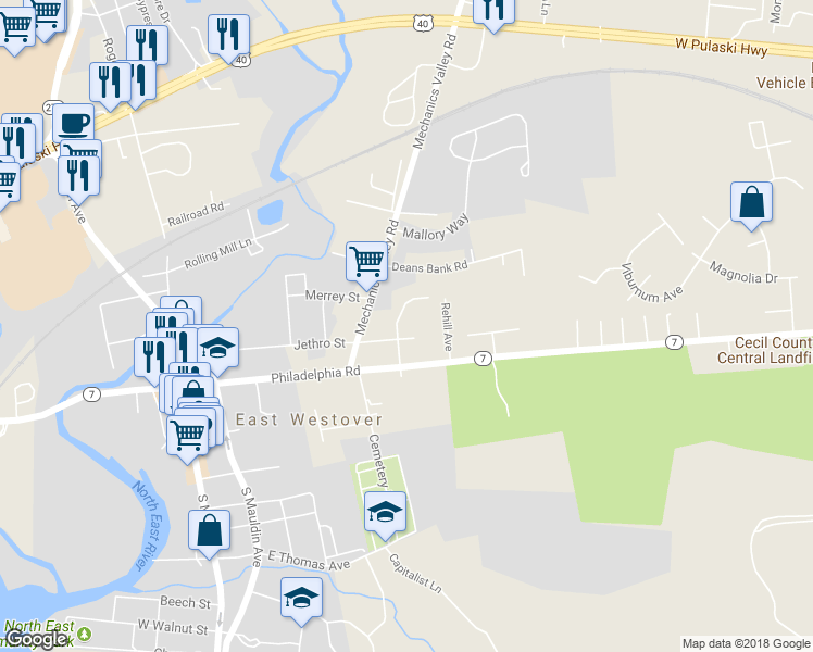 map of restaurants, bars, coffee shops, grocery stores, and more near 27 Roosevelt Avenue in North East