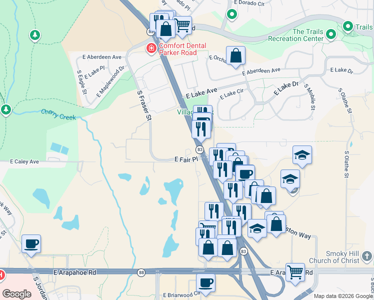 map of restaurants, bars, coffee shops, grocery stores, and more near 15475 East Fair Place in Centennial