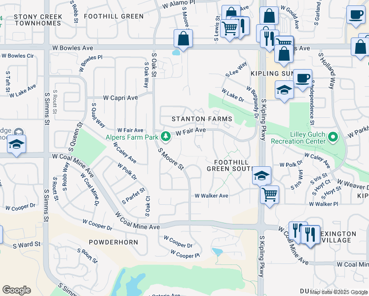 map of restaurants, bars, coffee shops, grocery stores, and more near 6276 South Miller Court in Littleton