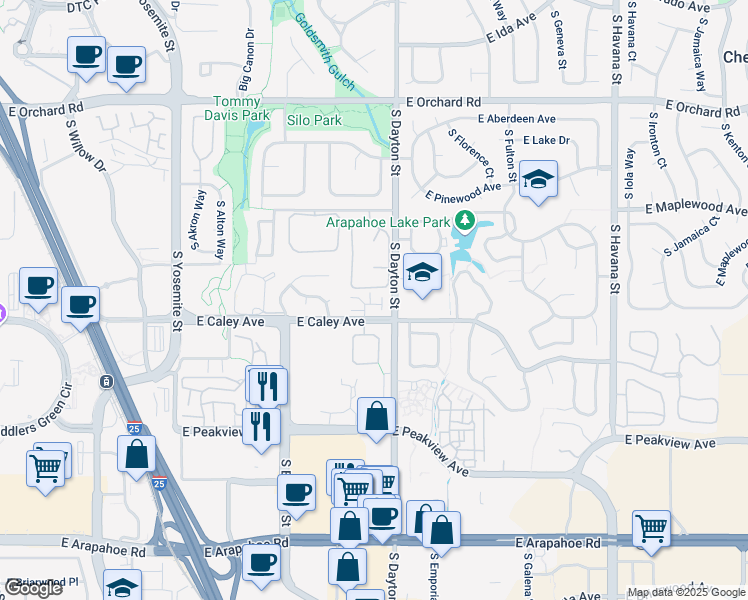 map of restaurants, bars, coffee shops, grocery stores, and more near 9617 East Arbor Place in Englewood