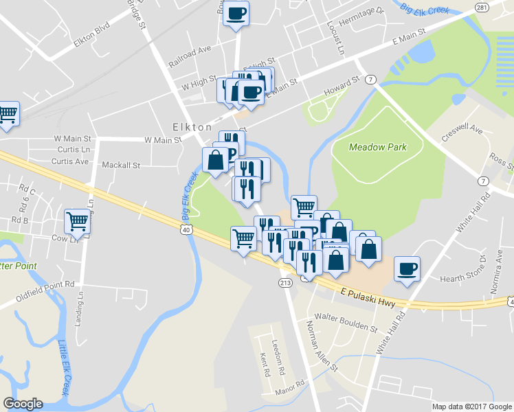map of restaurants, bars, coffee shops, grocery stores, and more near 259 South Bridge Street in Elkton