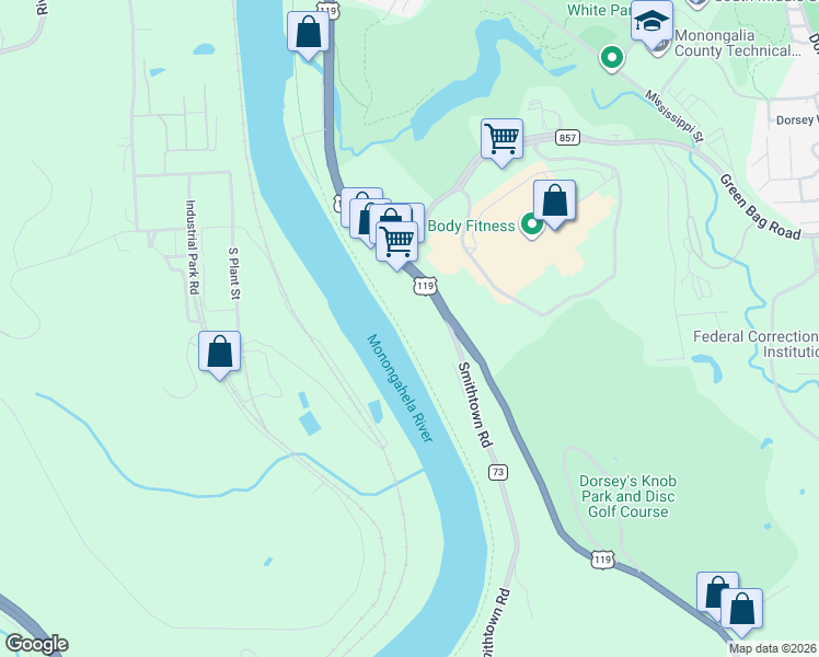 map of restaurants, bars, coffee shops, grocery stores, and more near 251 Smithtown Road in Morgantown