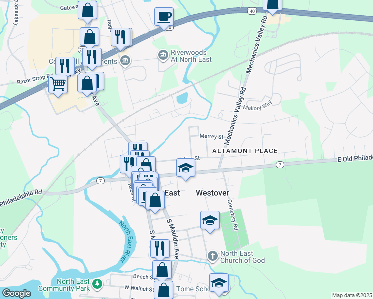 map of restaurants, bars, coffee shops, grocery stores, and more near 105 Howard Street in North East
