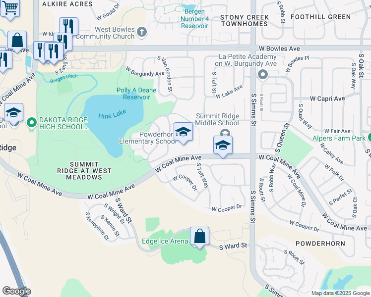 map of restaurants, bars, coffee shops, grocery stores, and more near 12109 West Coal Mine Avenue in Littleton