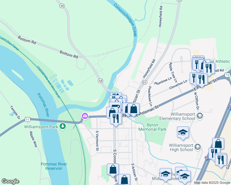 map of restaurants, bars, coffee shops, grocery stores, and more near 163 North Conococheague Street in Williamsport