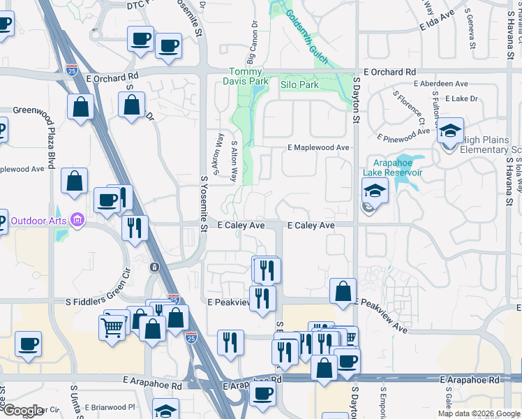 map of restaurants, bars, coffee shops, grocery stores, and more near 6277 South Boston Court in Englewood