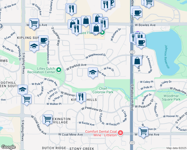 map of restaurants, bars, coffee shops, grocery stores, and more near 6268 South Everett Court in Littleton