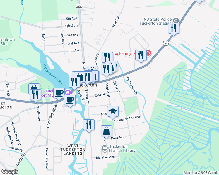 map of restaurants, bars, coffee shops, grocery stores, and more near 123 Marine Street in Tuckerton