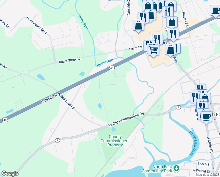 map of restaurants, bars, coffee shops, grocery stores, and more near Bay Club Parkway in North East
