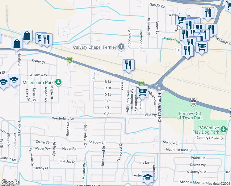 map of restaurants, bars, coffee shops, grocery stores, and more near 850 D Street in Fernley