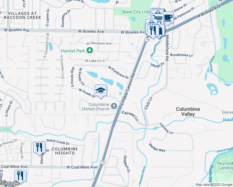 map of restaurants, bars, coffee shops, grocery stores, and more near 4217 West Ponds Circle in Littleton