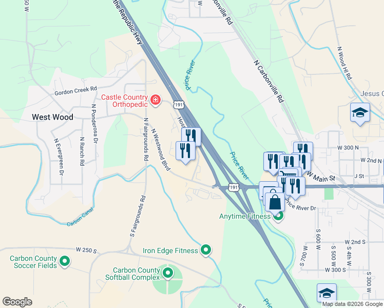 map of restaurants, bars, coffee shops, grocery stores, and more near 205 Hospital Drive in Price