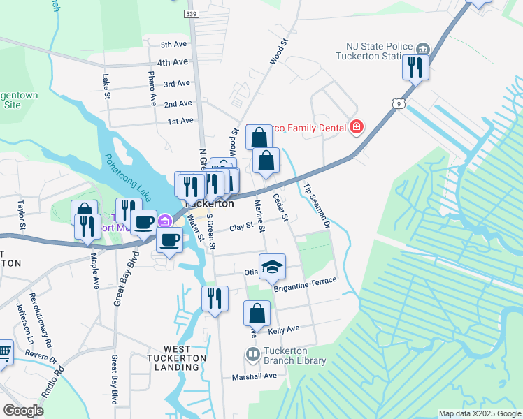 map of restaurants, bars, coffee shops, grocery stores, and more near 123 Marine Street in Tuckerton
