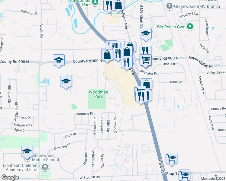 map of restaurants, bars, coffee shops, grocery stores, and more near 902 Wallington Circle in Greenwood