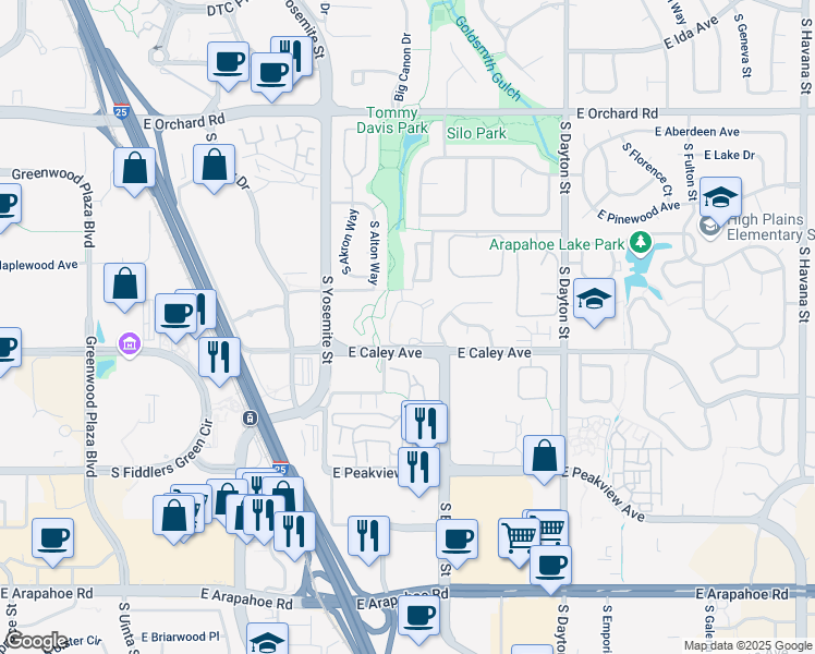 map of restaurants, bars, coffee shops, grocery stores, and more near 9170 East Arbor Circle in Englewood