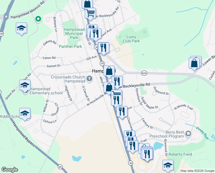 map of restaurants, bars, coffee shops, grocery stores, and more near 1008 Hanover Pike in Hampstead