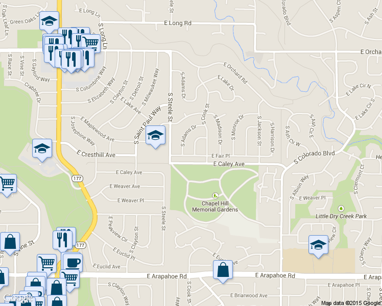 map of restaurants, bars, coffee shops, grocery stores, and more near 3357 East Fair Place in Centennial