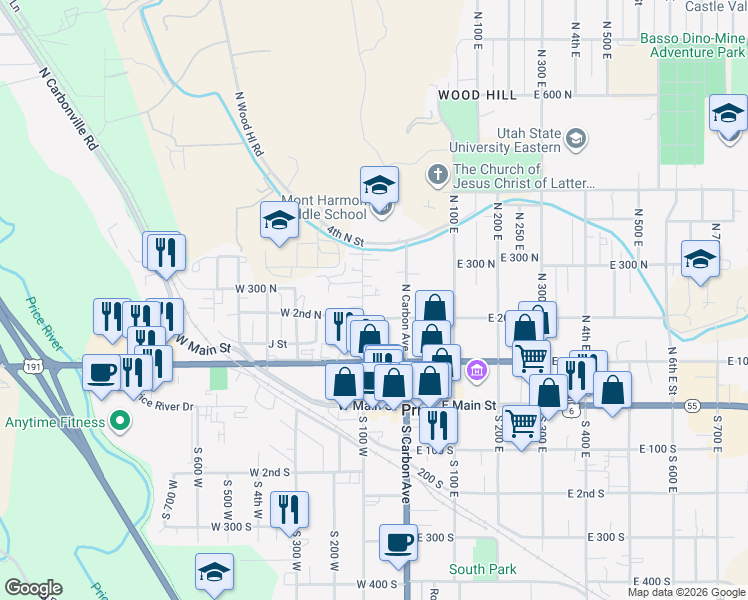 map of restaurants, bars, coffee shops, grocery stores, and more near 236 North 100 East in Price