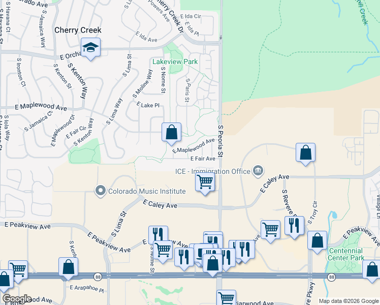 map of restaurants, bars, coffee shops, grocery stores, and more near 11880 East Maplewood Avenue in Greenwood Village